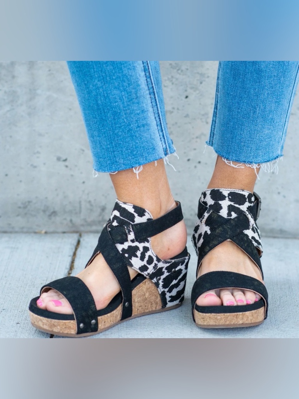 Very G Black & White Animal Print Cork Wedge Sandals